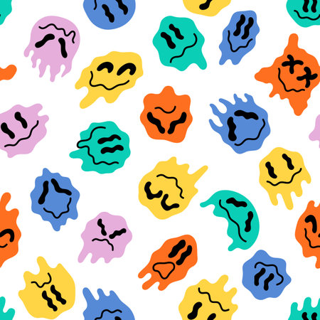 Colorful melting faces print, drip quirky face with black eyes and psychedelic smile. Retro drugs illusion seamless pattern. Swanky 70s 80s fashion vector backgroundのイラスト素材