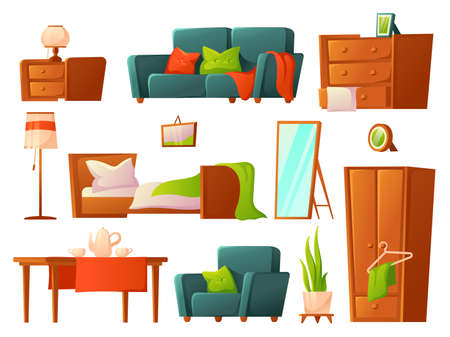 Cartoon furniture. Bed, lounge furnitures. Cozy house room elements, isolated sofa, arm chair, table. Lamps and wardrobe, decor for apartment, neat vector setのイラスト素材