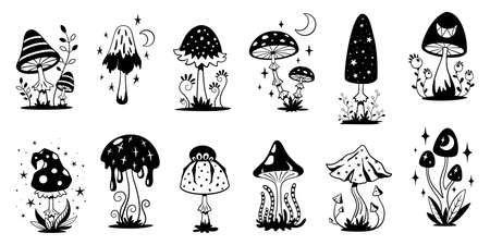 Magic mushrooms. Art mystic mushroom, black hippy groovy and psychedelic fantasy fungus with celestial signs. 70s vintage witchy garish vector stickersのイラスト素材