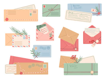 Envelope collection. Post letter and postcards, hand made mail pack. Vintage decorative envelopes with cards. Cute writing greetings messages, neat vector setのイラスト素材