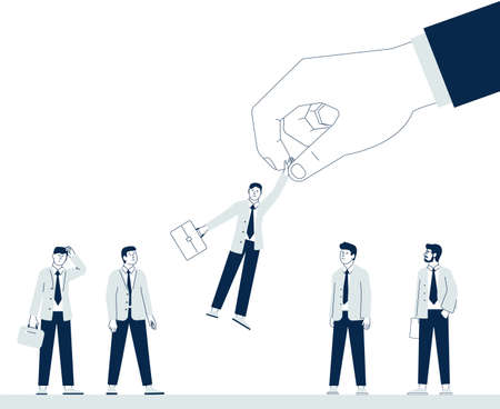 Choice employer. Picking and evaluation staff, giant hand find best professional. Recruitment and human resources, office workers for corporation, recent vector conceptのイラスト素材