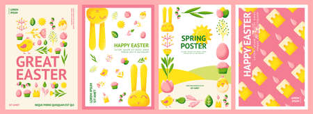 Easter poster. Easters eggs, rabbit and flowers. Spring pastel invitation, greetings cards with cute graphic textured elements. Geometric swanky vector templateのイラスト素材