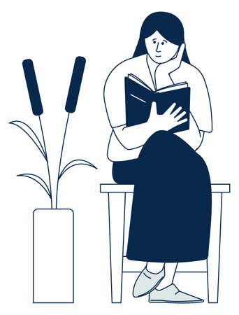 Booklover character. Woman reading book. Sitting personのイラスト素材