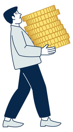 Man carrying golden coin stack. Person with moneyのイラスト素材