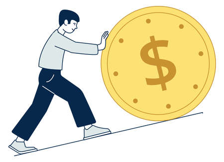 Man rolling giant coin. Money earning workのイラスト素材