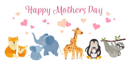 Happy animal mothers. Mother day banner with cute animals moms and babies. Cartoon giraffe, sloths and penguins, wild childish neoteric vector charactersのイラスト素材