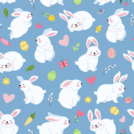 Spring rabbit seamless pattern. Easter toddler funny bunny, cartoon bunnies decorations. Cute animals, flowers, hearts and color eggs, neoteric vector backgroundのイラスト素材