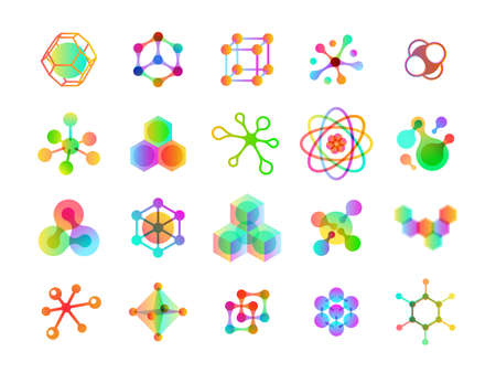 Connected molecules. Molecular cell, energy molecules colorful icons. Connect elements and structure of science biology or chemistry, tidy vector setのイラスト素材
