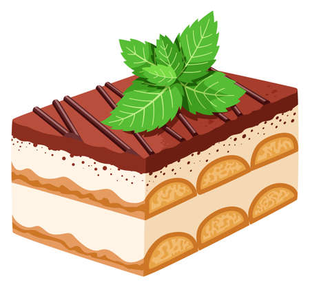 Cake slice with chocolate frosting and mint on topのイラスト素材