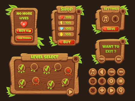 Ui game buttons. Wooden board gaming interface elements. Cartoon user panel for web mobile app. Games settings, levels and shop neat vector windowsのイラスト素材
