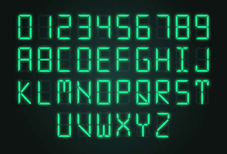 Digital alarm alphabet. Electronics watches letters, clock numbers and alphabet. Scoreboard, calculator typography font sign, led display exact vector textのイラスト素材