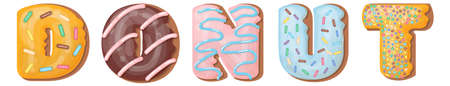 Donut text in sweet food style with glazing and sprinkles. Decorative headingのイラスト素材