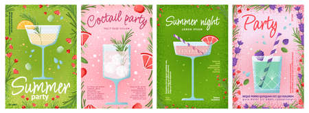 Drinks posters. Juice cover templates, summer party on pool or beach with fresh beverages. Healthy lifestyle, swanky creative menu vector cardsのイラスト素材