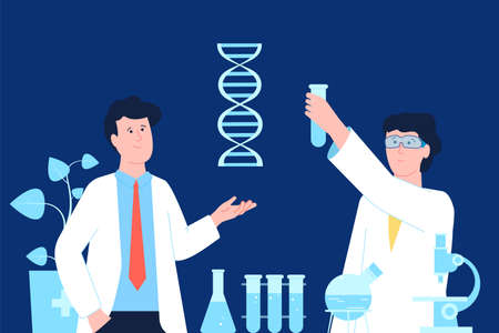 Dna scientist work in medicine laboratory. Biological engineering research, young woman man biotechnology students. Recent vector genetic searching conceptのイラスト素材