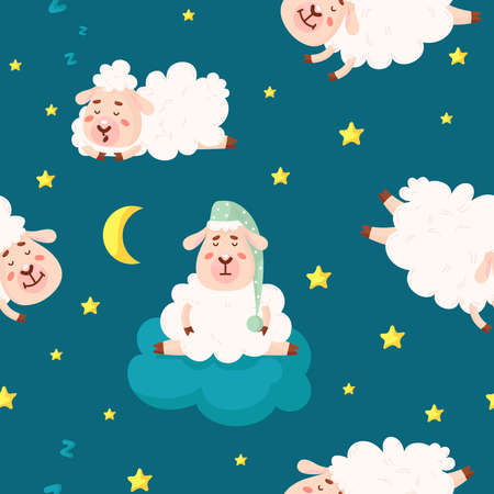 White baby sheep. Cartoon sheeps seamless pattern, children sweet lambs fabric print. Funny childish graphic, decorative wool animal classy vector backgroundのイラスト素材