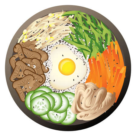 Bibimbap top view. Korean rice dish plateのイラスト素材