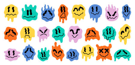 Melting faces. Melted funky face, quirky smile weird and liquid eye. Acid fantasy, crazy geometry...