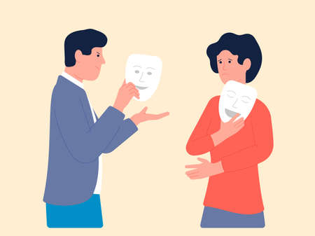 Masking true feels. Fake love and relationship, people lie. Couple hide angry and hate behind face mask. Woman and man liers, recent vector charactersのイラスト素材