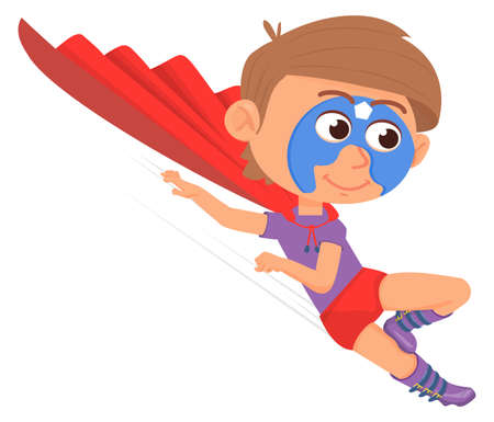 Red cape flying kid in superhero mask. Fantasy boyのイラスト素材