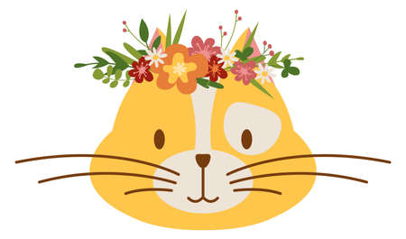 Cute kitten portrait. Cat flower wreath headのイラスト素材