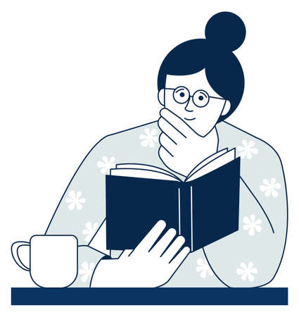 Woman reading book. Literature lover with fiction novelのイラスト素材