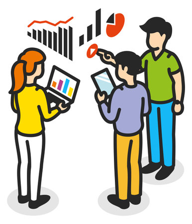 Team discussing data statistics. Isometric business analysis iconのイラスト素材