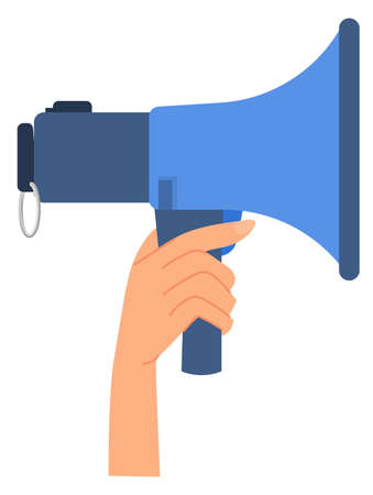 Hand holding megaphone. Loud speech flat symbolのイラスト素材