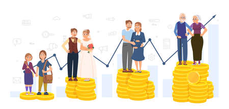 Retirement savings plan. Invest in self and family, rich grandparents. Planning money save, business financial management. People stand on money decent vector conceptのイラスト素材