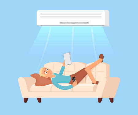 Man under air conditioning. Guy rest on sofa with tablet and cooling. Hot summer, conditioned room. Comfort climate control at heat decent vector conceptのイラスト素材
