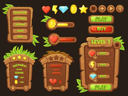 Ui game elements. Wooden element for menu interface. Cartoon buttons, mobile app panel kit. Gaming dashboard, neat creative web sign vector collectionのイラスト素材