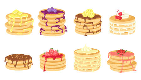 Pancake with toppings. Stack pancakes with chocolate, honey, butter and fresh berries. Cute cartoon...