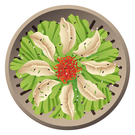 Mandoo dish. Traditional korean dumplings top viewのイラスト素材