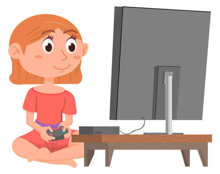 Girl playing games on video console. Cute gamerのイラスト素材