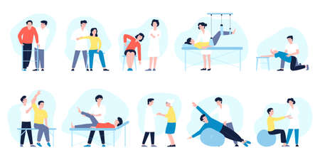 Physiotherapy. Rehabilitation work, recovery knee after injury. Medical nurse and patient, doctors...