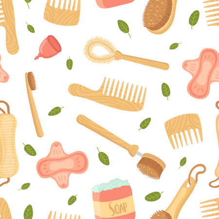 Eco wooden elements, comb washcloth and feminine hygiene reusable tools. Zero waste background, save planet, vector seamless patternのイラスト素材