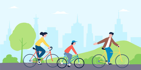 Family riding bikes. Mother kid ride bicycle in city park or forest. Weekend on nature, active outdoor sporting lifestyle. Summertime recent vector sceneのイラスト素材