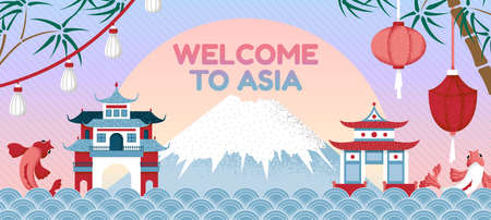 Asian travel background. Japan tourist banner with volcano and buildings. Oriental travelling asia poster, koi fish, traditional house swanky vector abstract landscapeのイラスト素材