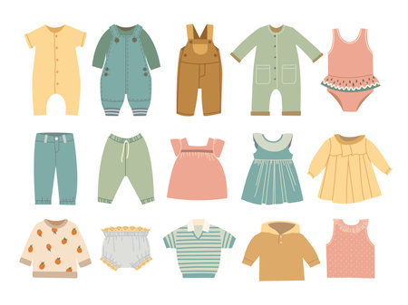 Flat baby clothes. Infant dress, cozy kid stylish coat and apparel clipart. Wear for child, childish jacket, newborn cute classy bodysuit vector setのイラスト素材