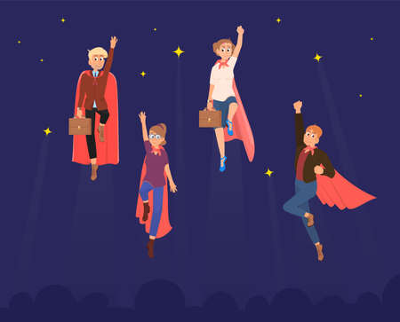 Flying business superhero. Superheroes working strength, adult businessmen and businesswomen in red capes. Leadership and powerful decent vector conceptのイラスト素材