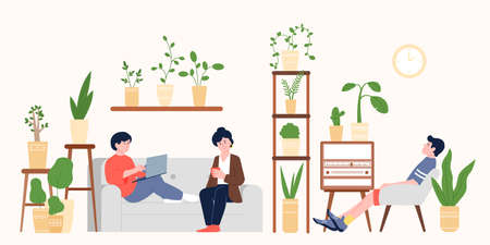 Family relax in home garden on sofa and chair with green plants in pots. Houseplant in apartment, eco lifestyle and comfort. Harmony feel recent vector sceneのイラスト素材