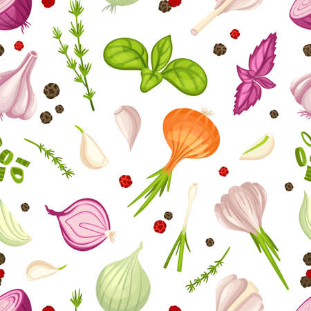 Culinary raw herbs, onion and garlic. Cartoon fresh cooking ingredients, kitchen seamless pattern with vector food elementsのイラスト素材