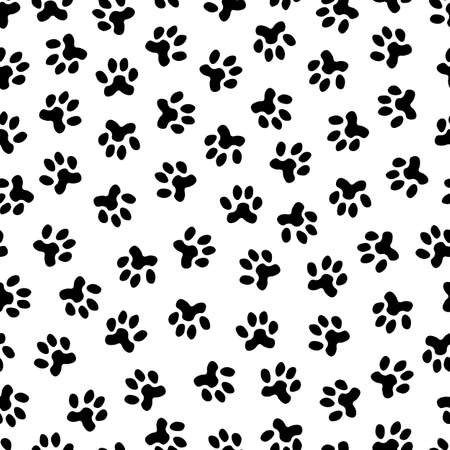 Pets footprint black background. Paw steps dog or cat, wild animal foot silhouettes. Simple abstract seamless pattern, pet vector printのイラスト素材