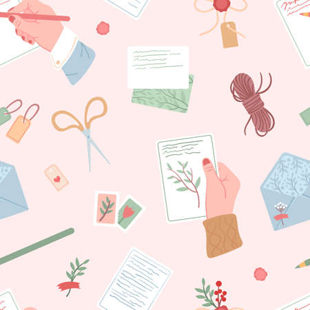 Postcrossing, handicraft workshop or scrapbook. Hands hold letters, writing greeting postcard. Hand made craft vector seamless pattern. Cute scandinavian elements designのイラスト素材