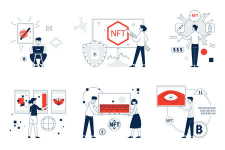 Nft artists. Digital art masterpieces and money transfer. Cryptographic dealer, smartphone technology artistic image selling. Innovation artwork recent vector sceneのイラスト素材