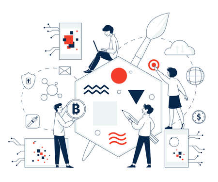 Crypto art concept. Cryptographic nft innovation artistic culture. Buying collectibles exhibit, digital asset sale. Virtual gallery and token recent vector sceneのイラスト素材