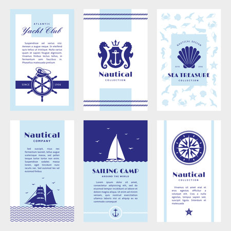 Nautical brochures. Menu, cruise or wedding brochure design. Marine style covers, abstract retro yacht tourism ad flyer. Sea navy tidy vector postcardsのイラスト素材