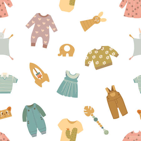 Baby clothes seamless pattern. Newborn cozy clothing print, cartoon doodle flat kids background. Scandinavian style classy vector infant textureのイラスト素材