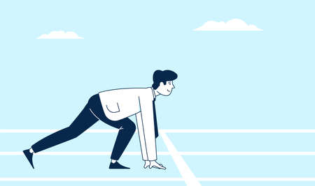 Businessman on start. Worker starting run position, preparation career up. Runner wear business suit, personal competition challenge recent vector conceptのイラスト素材