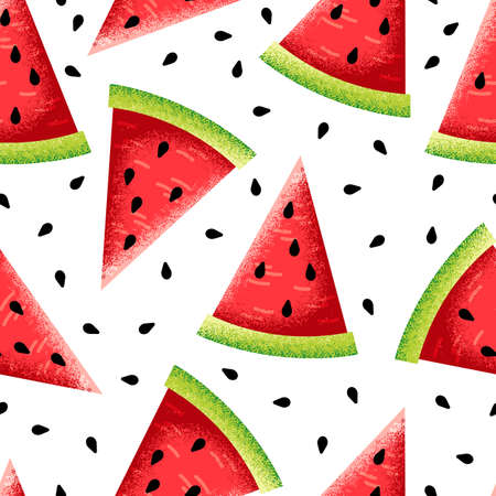 Juicy watermelon slice. Watercolor imitation watermelons and seeds seamless pattern. Summer fresh...