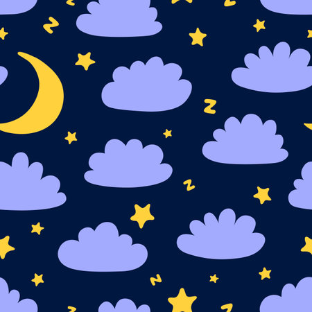 Sleepy seamless pattern with clouds moon and stars. Pajama cloth print, cloud silhouette and yellow crescent on night sky. Sweet dreams vector backgroundのイラスト素材